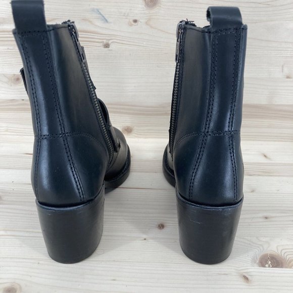 Frye Sabrina Double Buckle Black Leather Zipper Stacked Heels Mid Calf Boot 6M - Picture 8 of 16